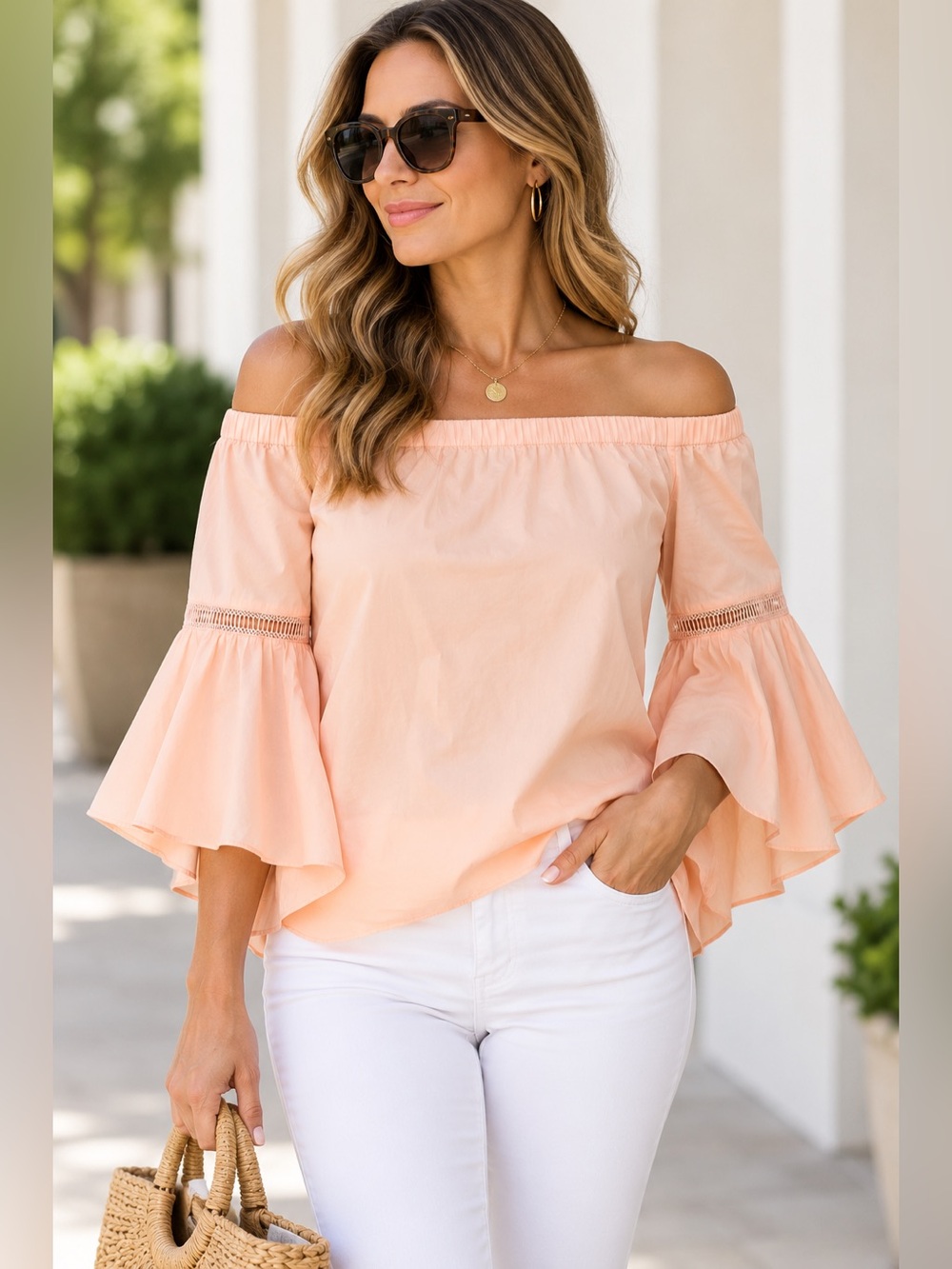 Jennifer Lopez NWT Peach Off Shoulder Bell Sleeve Top Medium